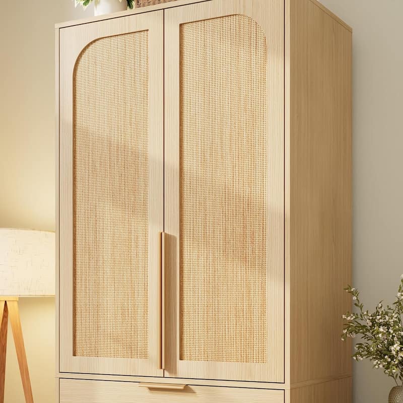 Garvee Rattan Door Armoire Wardrobe Closet, 69.5" Wooden Wardrobe Cabinet with 3 Drawers