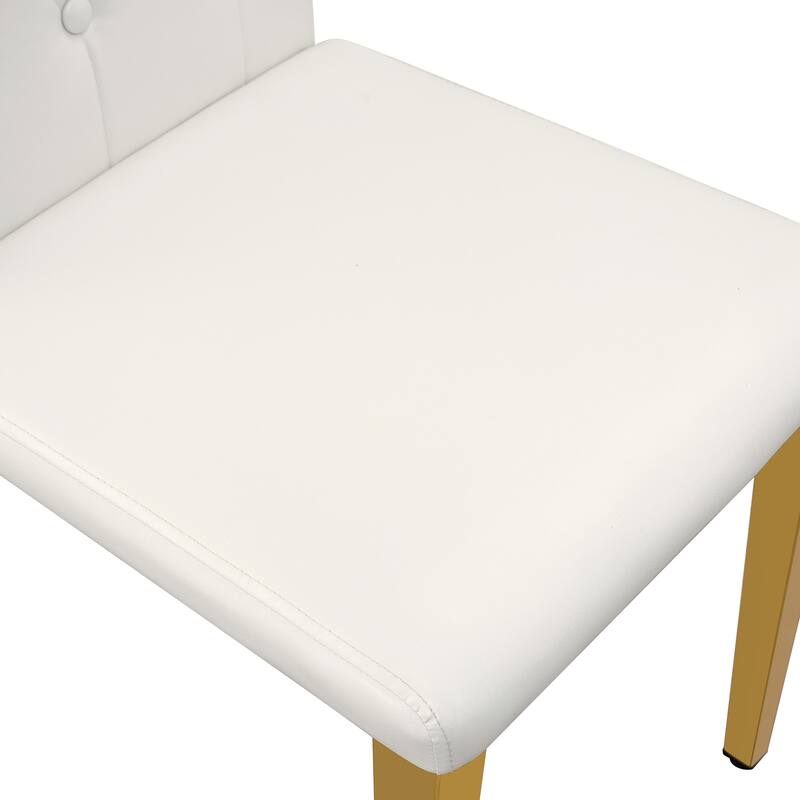 Set of 4 white PU dining chairs: ergonomic buckle backrest, 35 inches high, golden metal legs