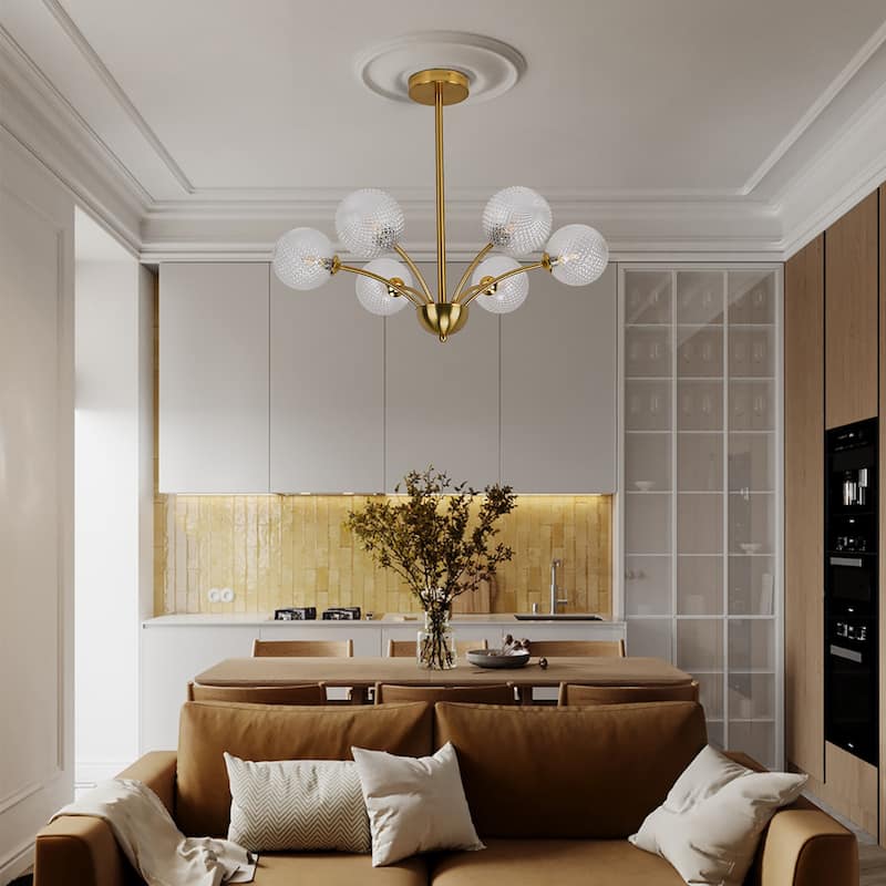 6 - Light Polished Brass Chandelier, Hand crafted Textured Glass Globes - Gold