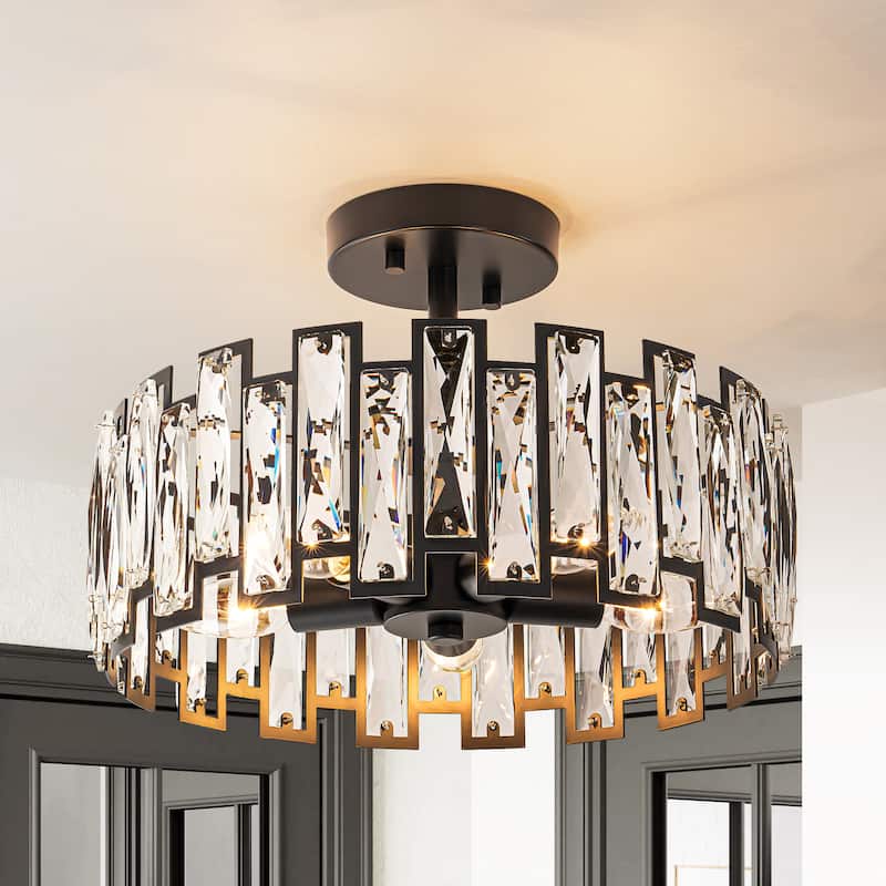 5-Light Mid-Century Modern Glam Cage Drum Crystal Semi-Flush Mount Ceiling Light