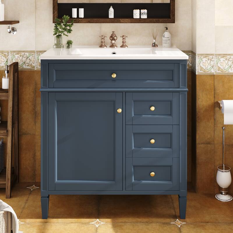 Single Sink Vanity for Bathroom Storage Cabinet with Tip-out Drawer, Small Drawer, Large Drawer, Door Rack and Adjustable Shelf
