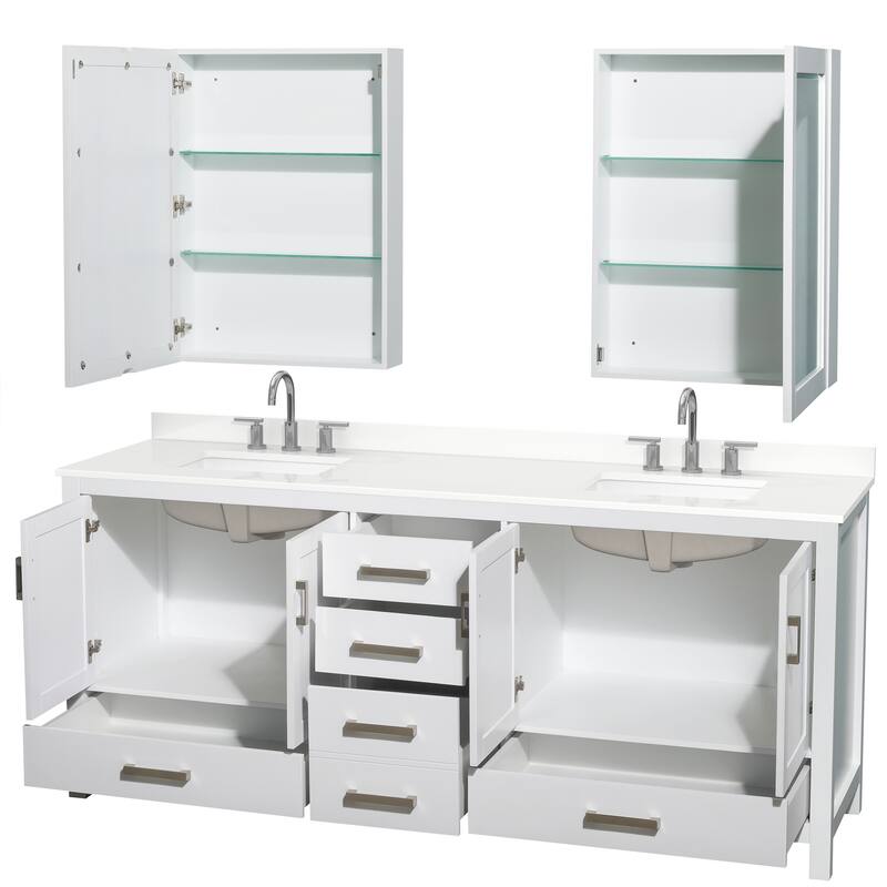 Sheffield 80-inch Double Vanity, 3 Hole Quartz Top, Med Cabinets