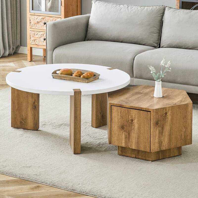 2-Piece Exquisite Coffee Table Set, Lncludes Round Coffee Table and Hexagonal Tea Table with Storage for Living Room