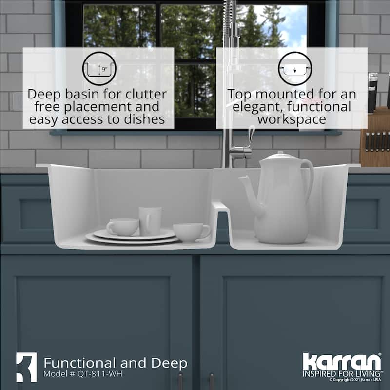 Karran 33" Top Mount Large/Small Bowl Quartz Kitchen Sink Kit - 33" x 22" x 9"