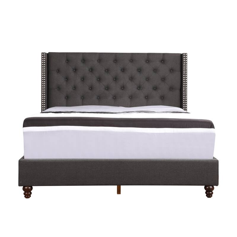 Upholstered Panel Bed - Tufted Headboard, Twill Fabric & Faux Leather - Requires Box Spring