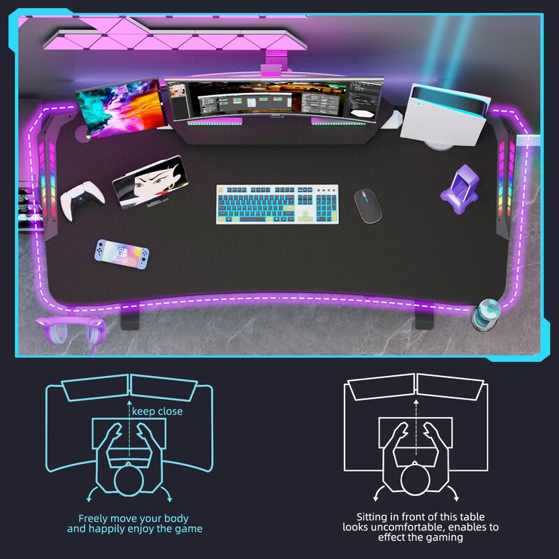 71" Gaming Table Office Computer Desk Gamer Workstation with Monitor Shelf LED Light Mouse Pad
