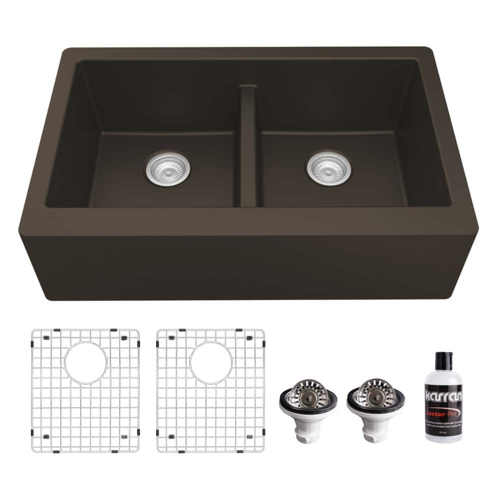 Karran Farmhouse Apron Front Quartz Double Bowl Kitchen Sink Kit