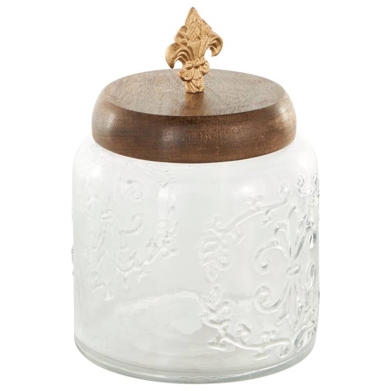 Clear Glass Scroll Living Room Decorative Jars with Brown Wooden Lids and Gold Fleur-De- Lis Knobs (Set of 2)