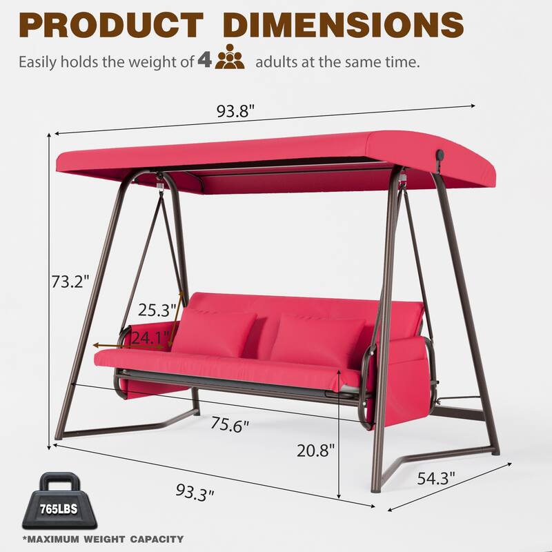 Metal Frame Swing Chair Convert Swing Bed with Adjustable Canopy Outdoor Patio Hanging Chair Hammock Chairs, 3-Seater
