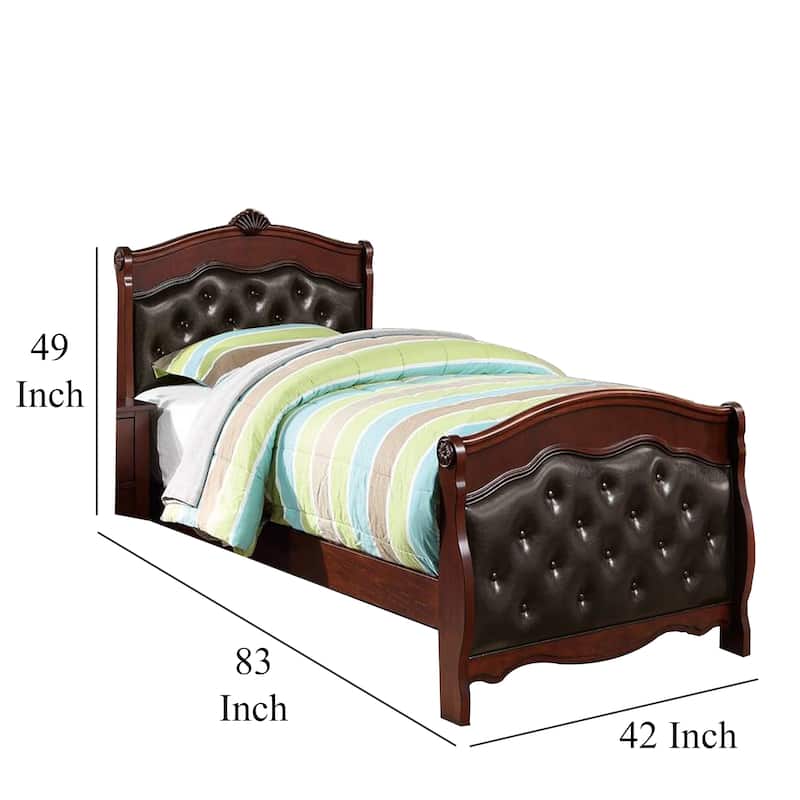 Jeny Twin Bed, Tufted Camelback, Cherry Brown, Faux Leather Upholstery