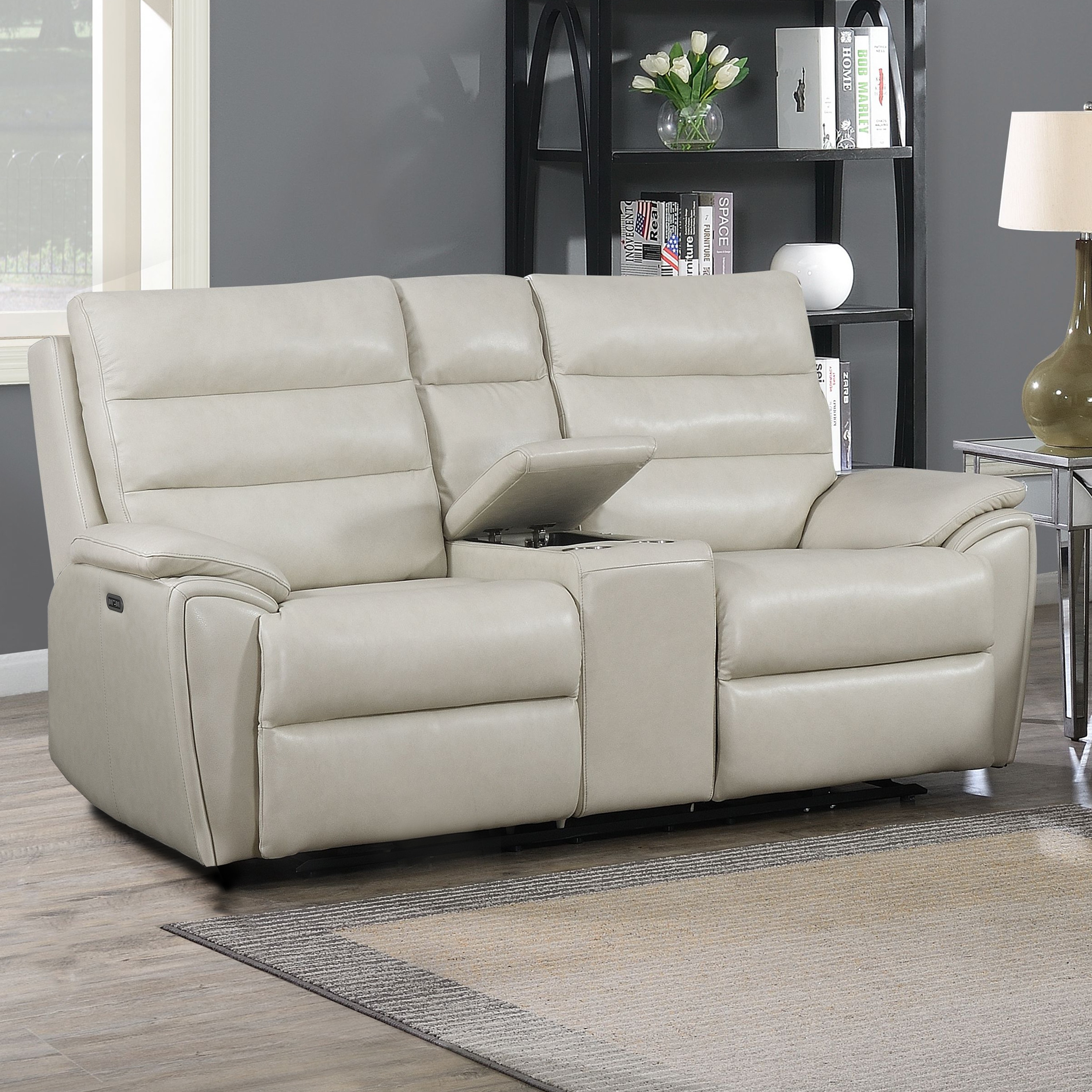 Durham Ivory Top Grain Leather Power Console Loveseat by Greyson