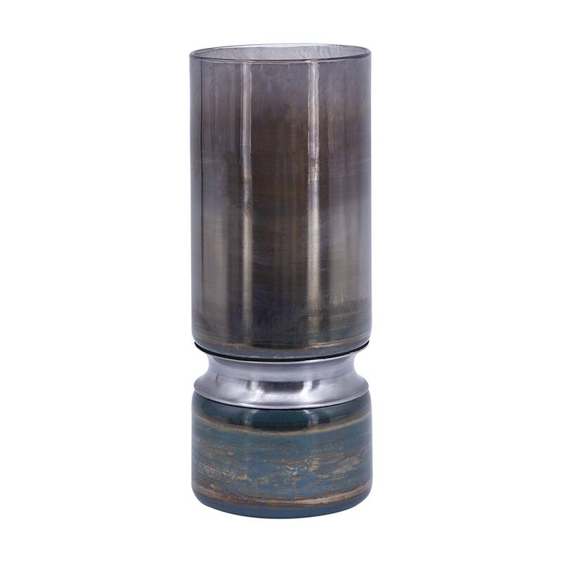 D5.1x13.2" Smokey Blue Glass Vase with Chrome Accent Modern Home Decor