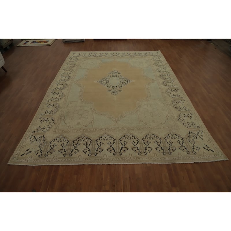 Hand Knotted Oriental 100% Wool Carpet Traditional Medallion Beige & Ivories Kerman Area Rug - 13' 8'' X 9' 9''