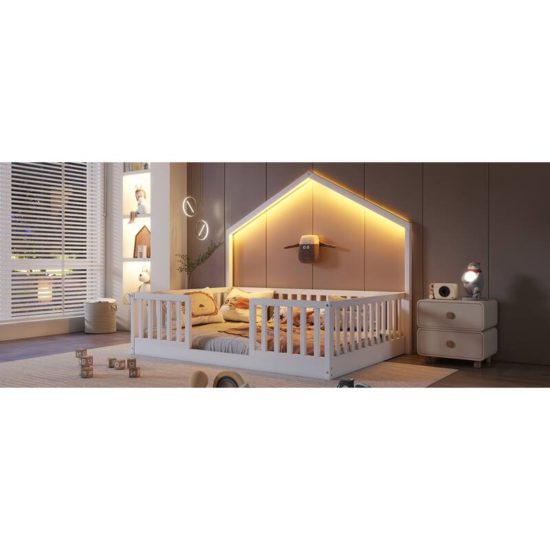 Roomfitters Twin/Full Floor Platform Bed, House Frame and LED Light with Wooden High Rails for Bedrooms or Guest Rooms