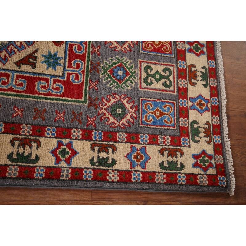 Geometric Grey Kazak Foyer Rug Hand-Knotted Wool Carpet - 2'8" x 3'11"