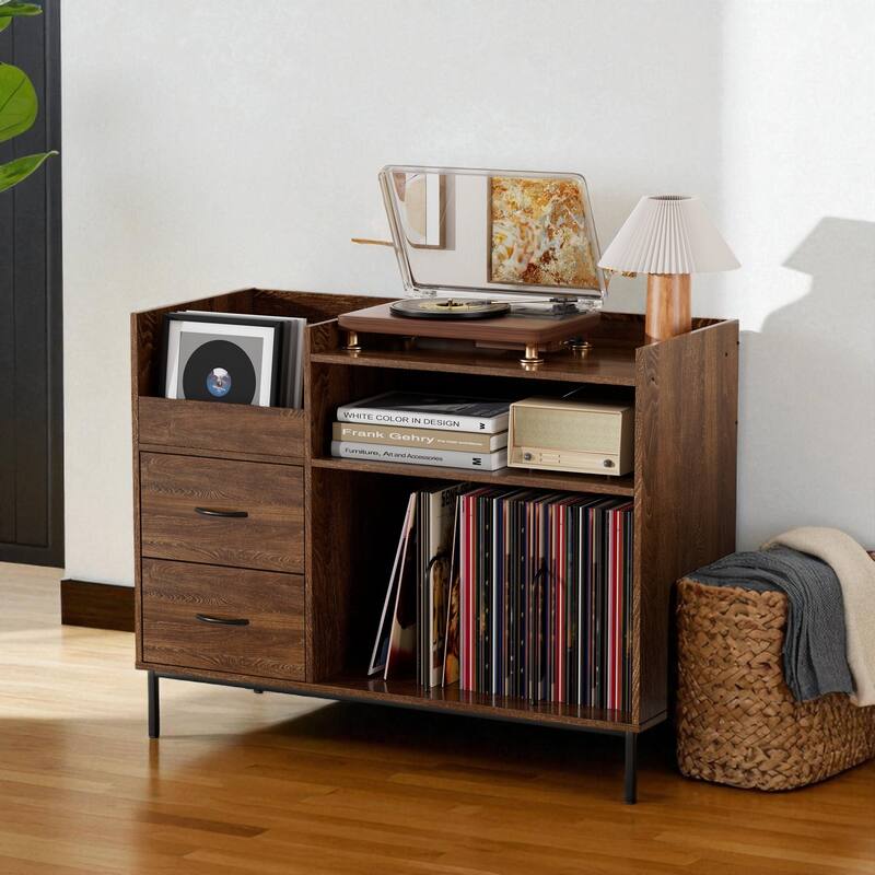 Record Player Stand with Adjustable Shelves, Holds 350 Vinyl Albums, Turntable Console with Speaker Shelf and Drawers