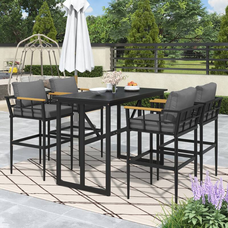 5-Piece Iron Outdoor Dining Set with Acacia Wood Armrest Suitable For Patio, Balcony Or Backyard - N/A - Gray