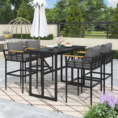 Iron Outdoor Dining Set with Acacia Wood Armrest Suitable