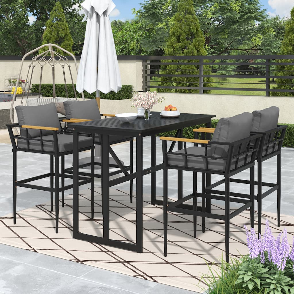 Iron Outdoor Dining Set with Acacia Wood Armrest Suitable