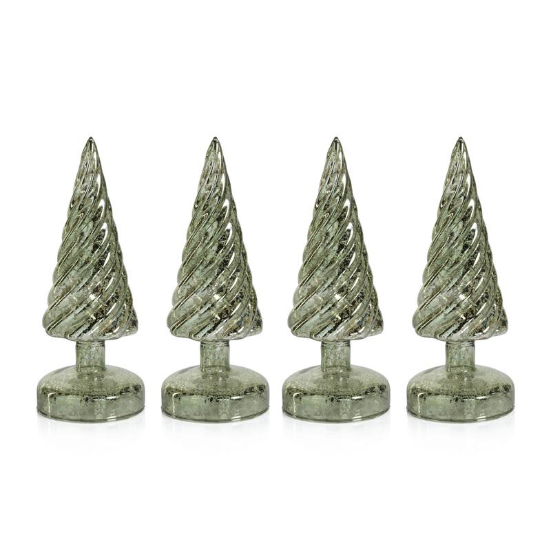 Irina 9.75" Vintage Light Green LED Glass Holiday Tabletop Trees, Set of 4