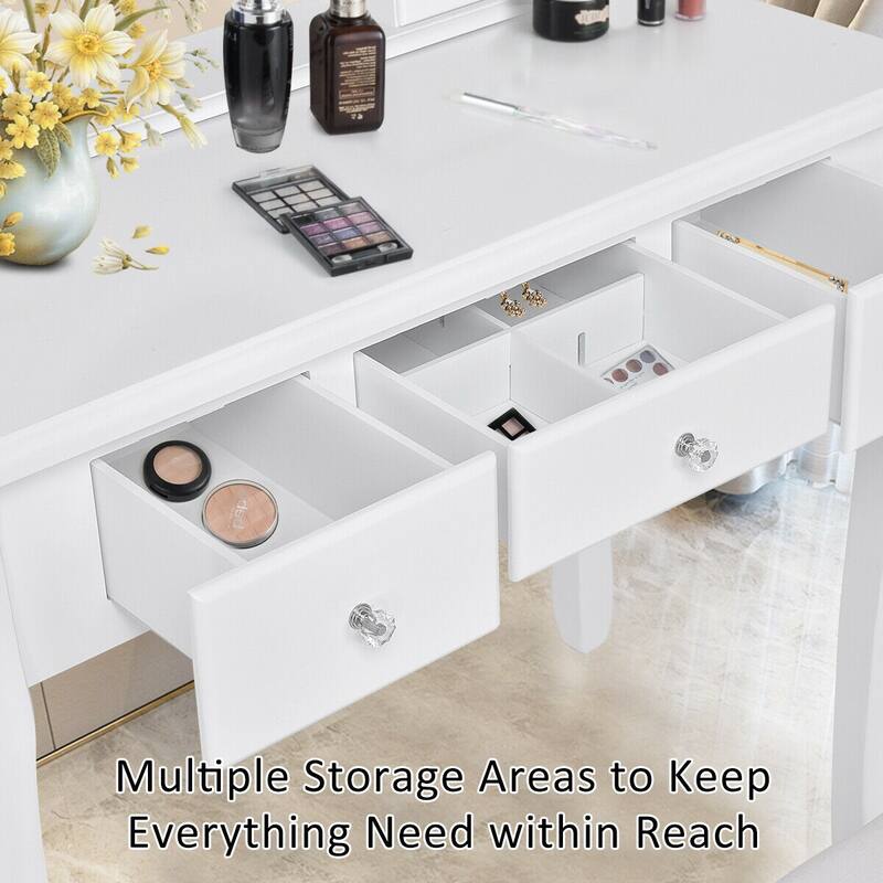 Gymax Bedroom Wooden Mirrored Makeup Vanity Set Stool Table Set White