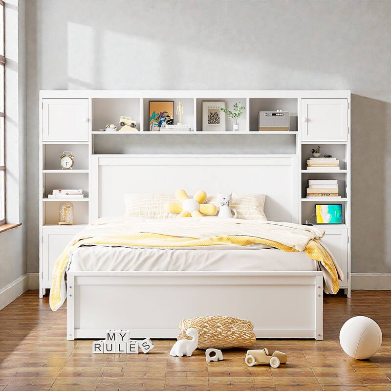 Wooden Platform Bed with Storage Headboard, Drawers, Twin Trundle and Built-In Outlets