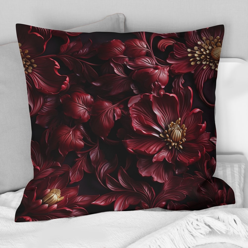Designart "Regal Burgundy Flowers Majesty Elegance II" Glam Printed Throw Pillow