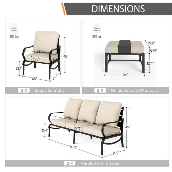 dimension image slide 13 of 14, MAISON ARTS 5/7/9-Seat Patio Conversation Set, Outdoor Sofa Set with Single Sofa Chairs, 3-Seater Sofa, Ottoman and Coffee Table