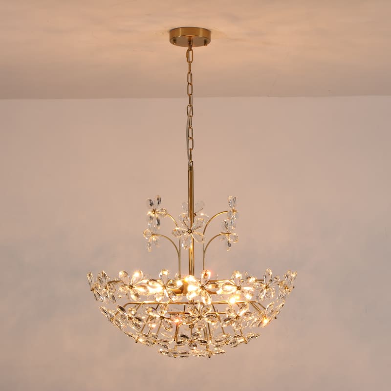 8-Light Brass Crystal Floral Basket Chandelier with Daisy-Inspired Accents for Living Spaces - 23.62 in. diameter x 21.65 in. height - Gold