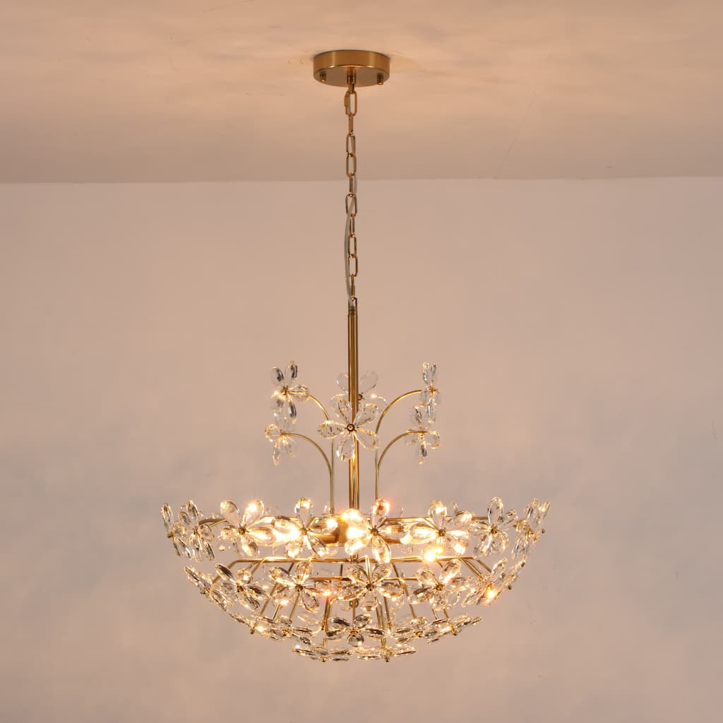 8-Light Brass Crystal Floral Basket Chandelier with Daisy-Inspired Accents for Living Spaces