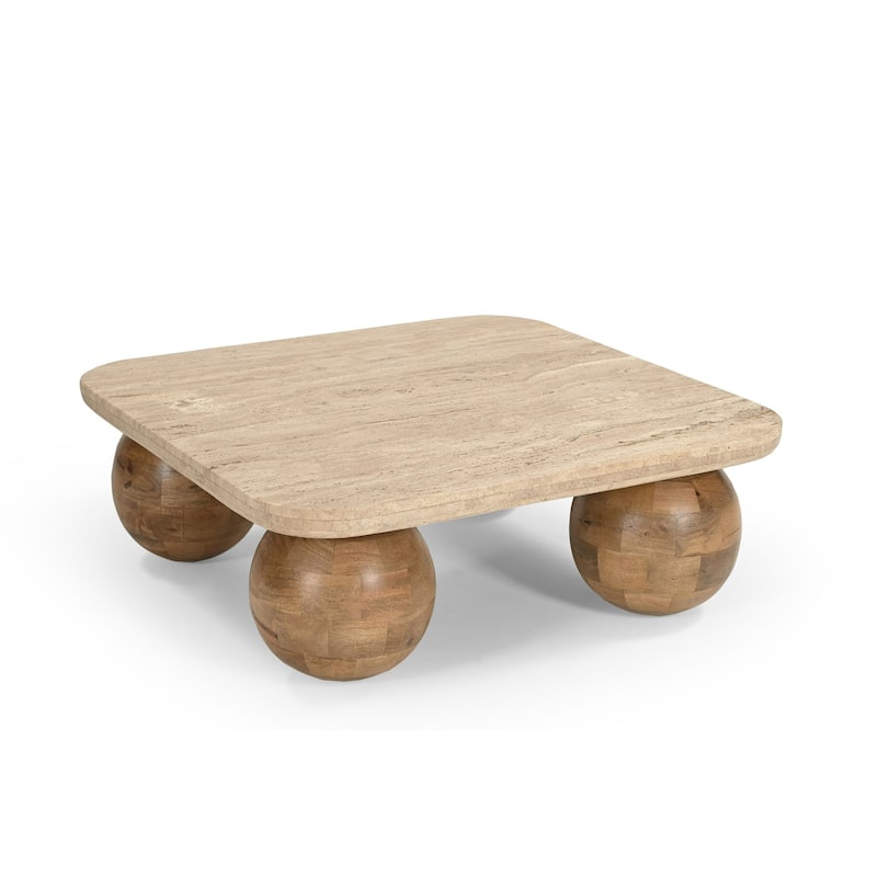Modrest Seadrift Modern Travertine Marble & Wood Square Coffee Table