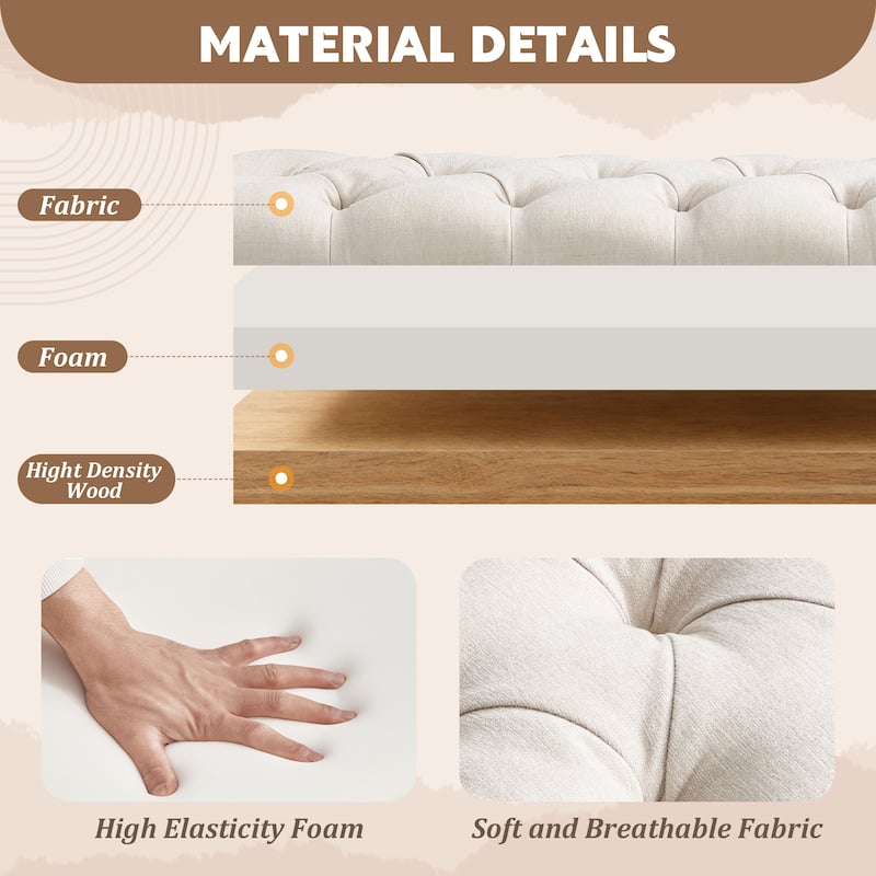 Christopher Knight Home - Mid-Century Solid Rubberwood Upholstered Bench with Rolled Arms, Button-Tufted Cushion & Nailhead Trim