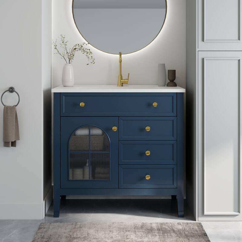 35.6-Inch Mid-Century Bathroom Vanity Sink with Patterned Glass & Motion-Sensor Light Strip, High-End Vanity Cabinet