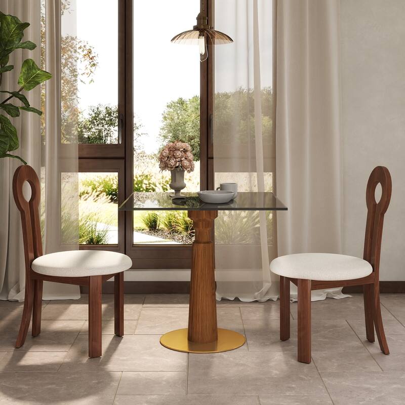 33" Retro Square Side Table, Glass & Sintered Stone Tabletop Dining Table with Solid Wood Pedestal