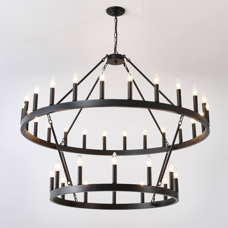 Farmhouse Industrial Style Ceiling Light, 2-Tier 36-Light Wagon Wheel Chandelier, for High-Ceilinged Living Rooms Dining Rooms