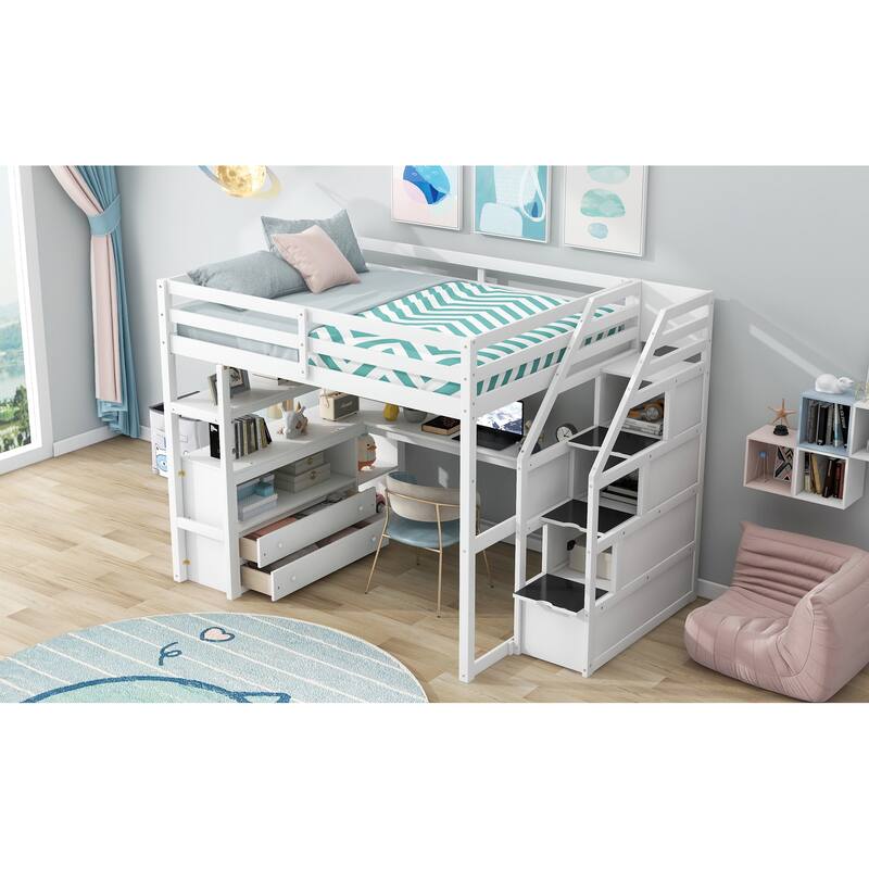 Full Size Loft Bed with Desk, Shelves, Drawers, and Storage Staircase in White