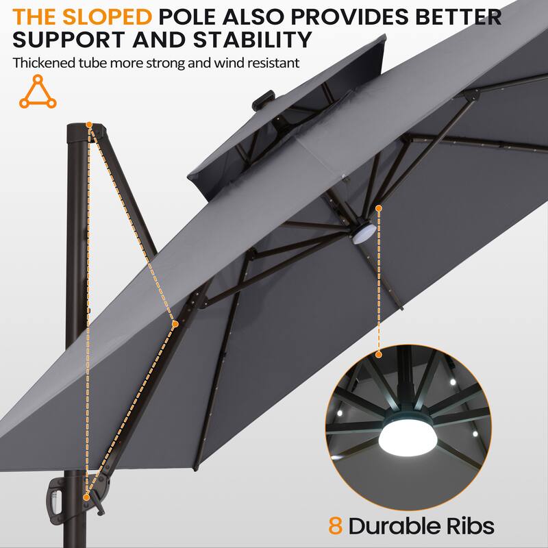 11X11 FT Outdoor Patio Cantilever Umbrella Solar LED Lighted with Wheel Base