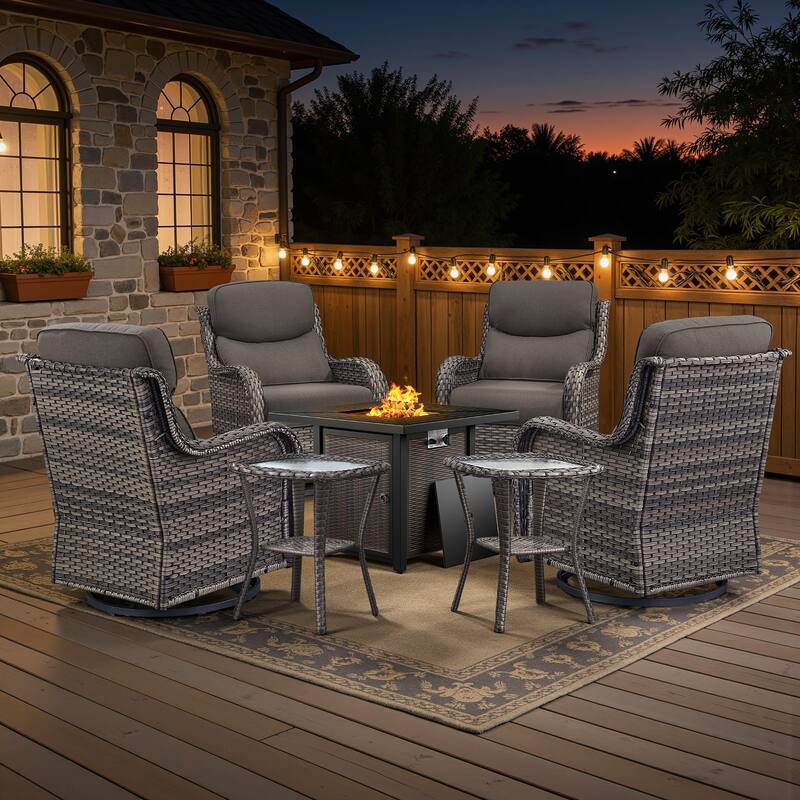 Meyreso 7-Piece Outdoor Patio Wicker Fire Pit 4 person Conversation Set with 5-Inch Thick Cushions - Gray Cushions - Gray Wicker
