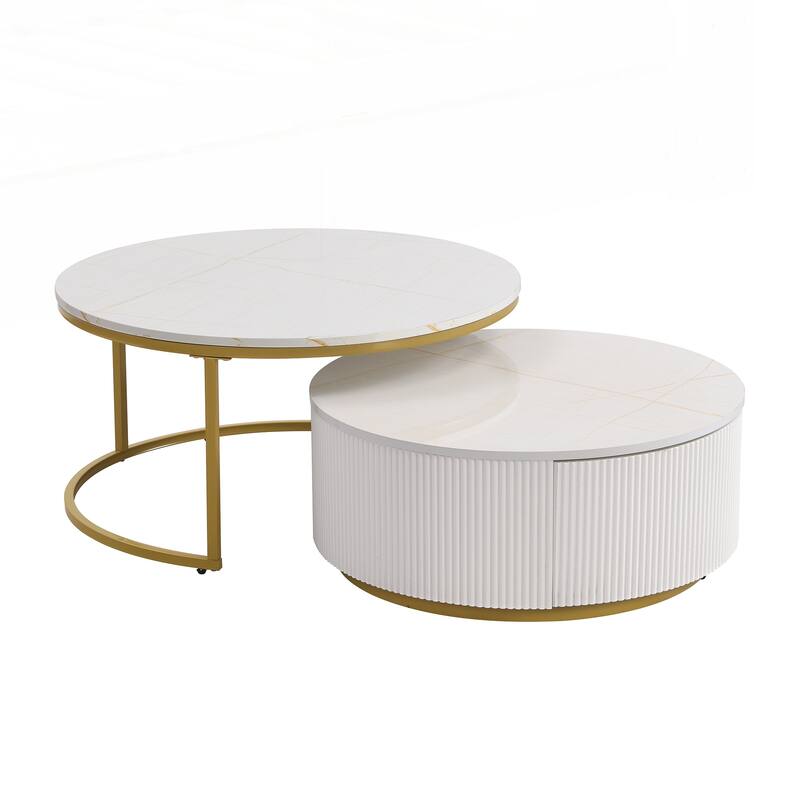 Modern Round Nesting Coffee Table Fluted with Drawer