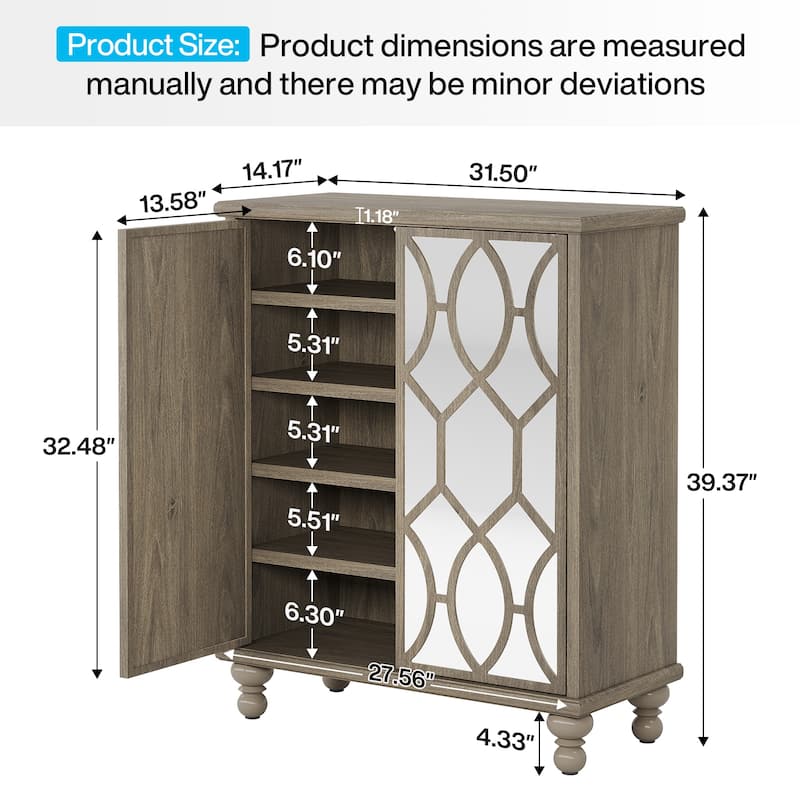 Mirror Shoe Cabinet, 5-Tier Large Wooden Shoe Organizer Cabinet - 31.49" W x 14.17" D x 43.30" H