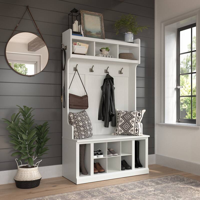 Woodland 40W Hall Tree and Shoe Bench with Shelves by Bush Furniture