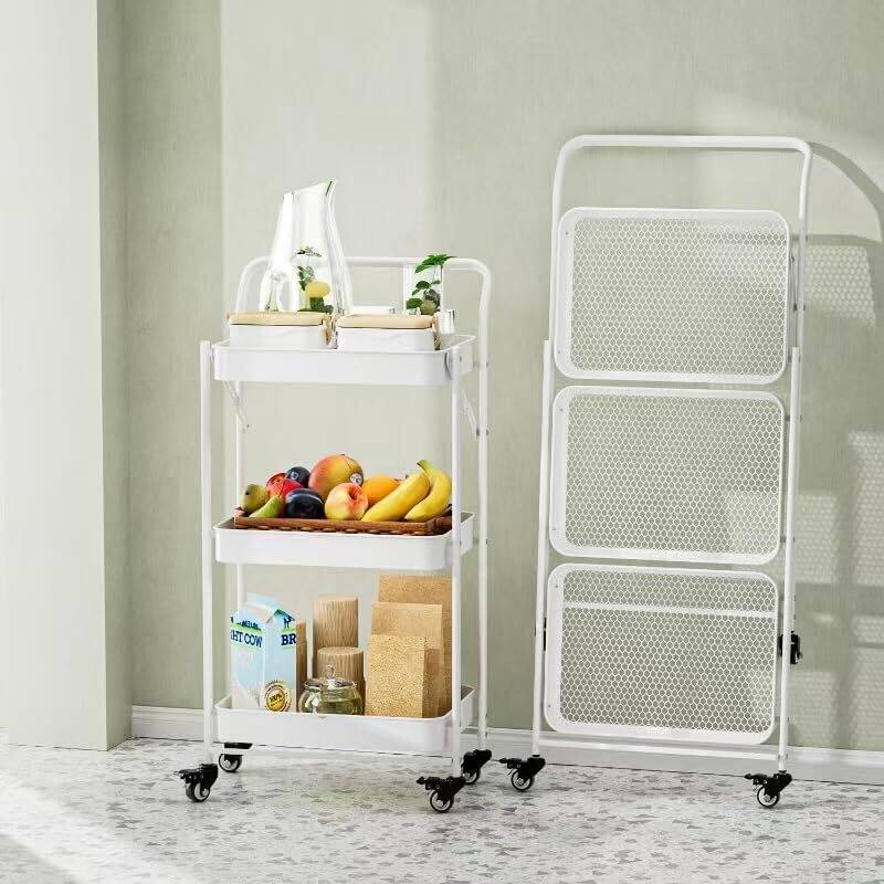 Foldable Rolling Cart, 3-Tier Metal Folding Storage Utility Carts - White /3-tier