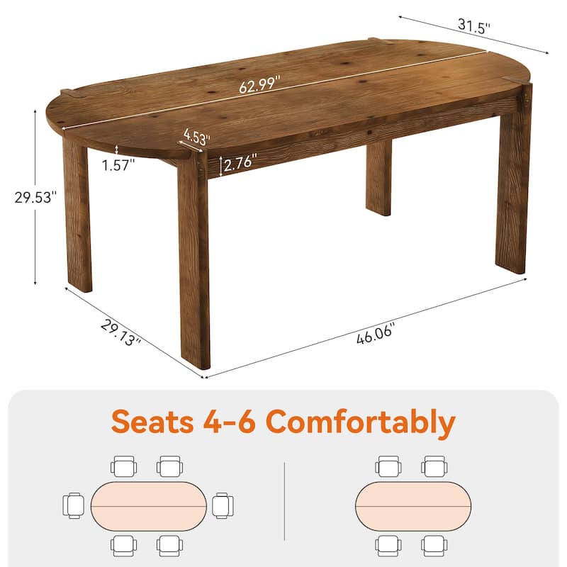 63" Solid Wood Oval Dining Table for 4-6