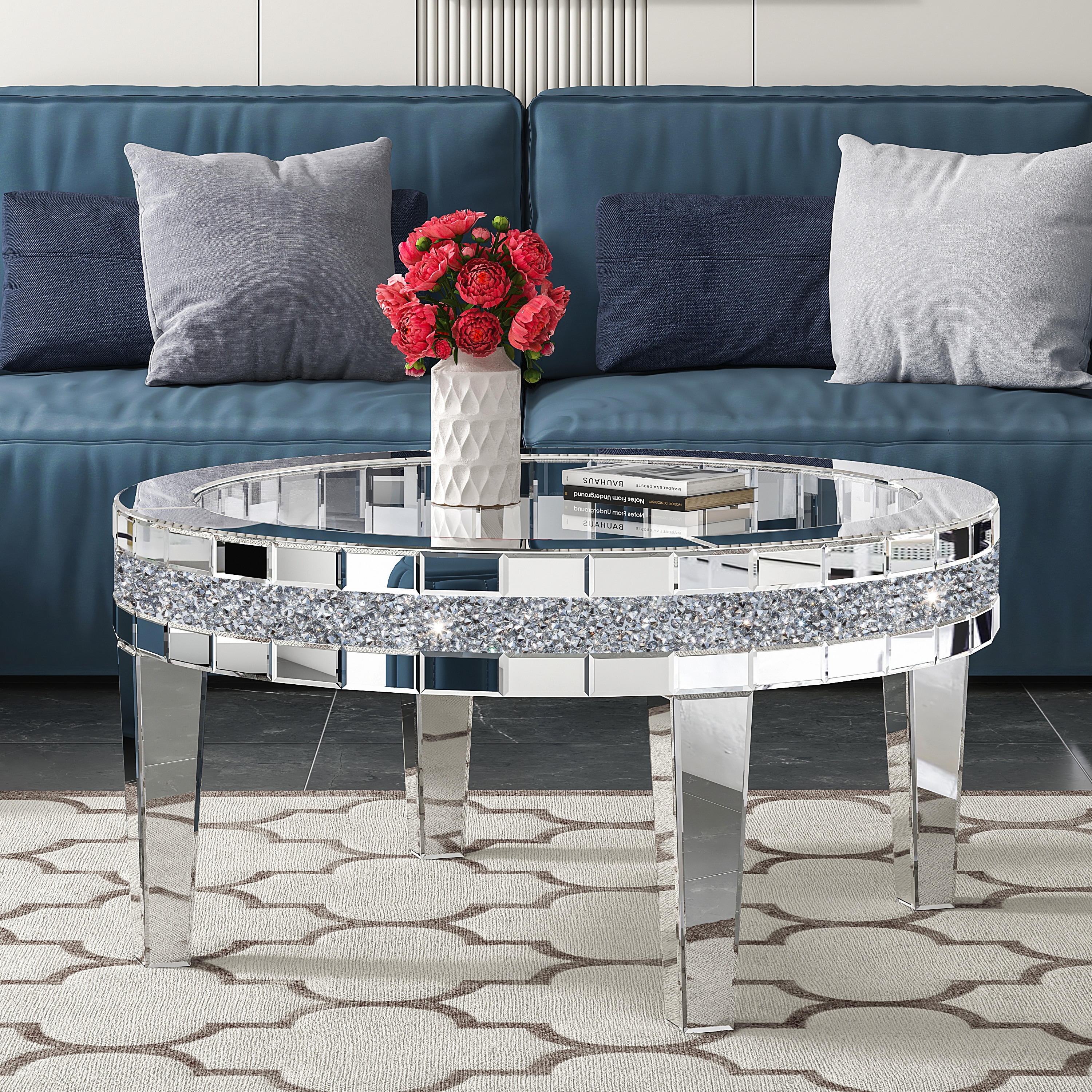 Round Glass Top Coffee Table with Crystal Inlay - Overstock - 39100928