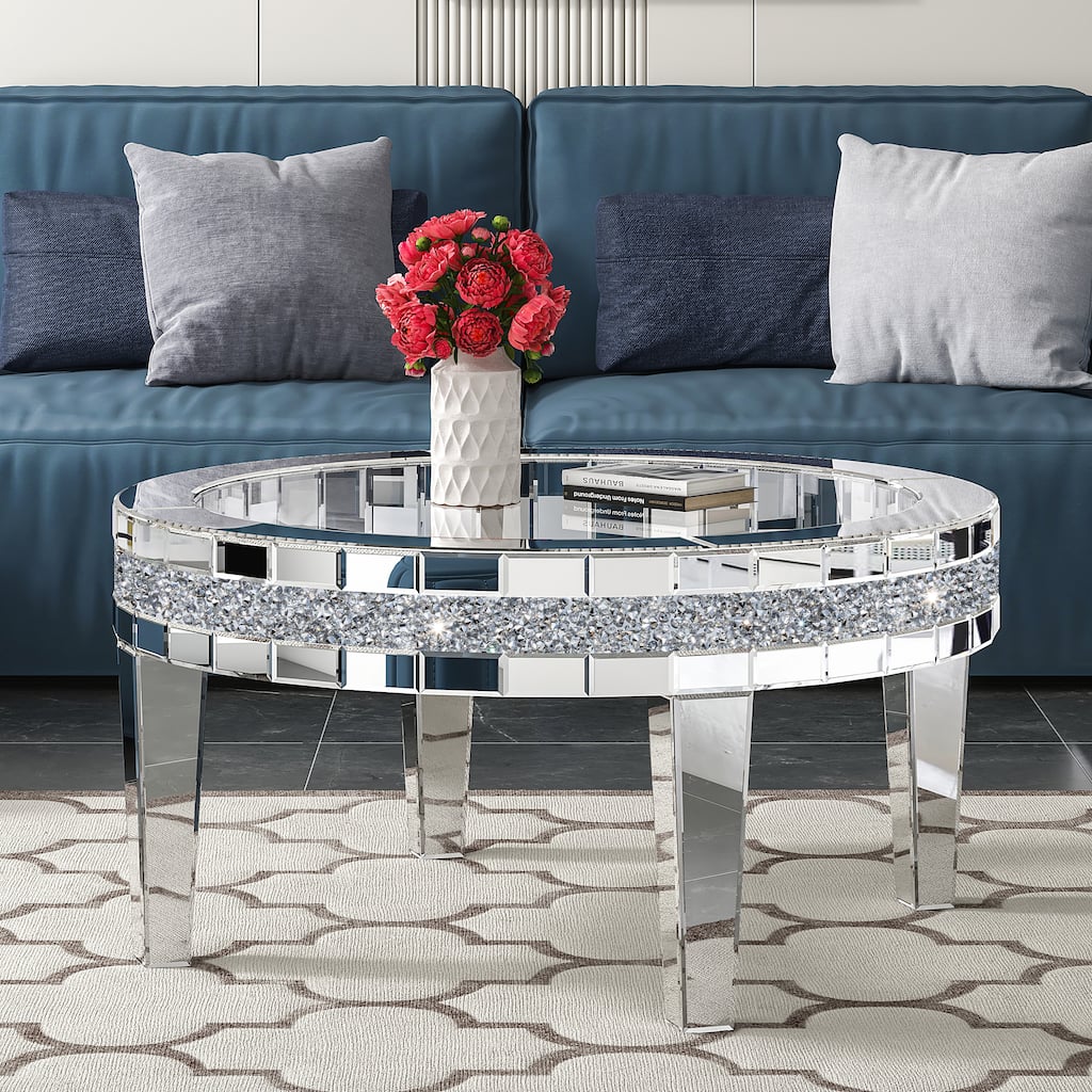 Round Glass Top Coffee Table with Crystal Inlay