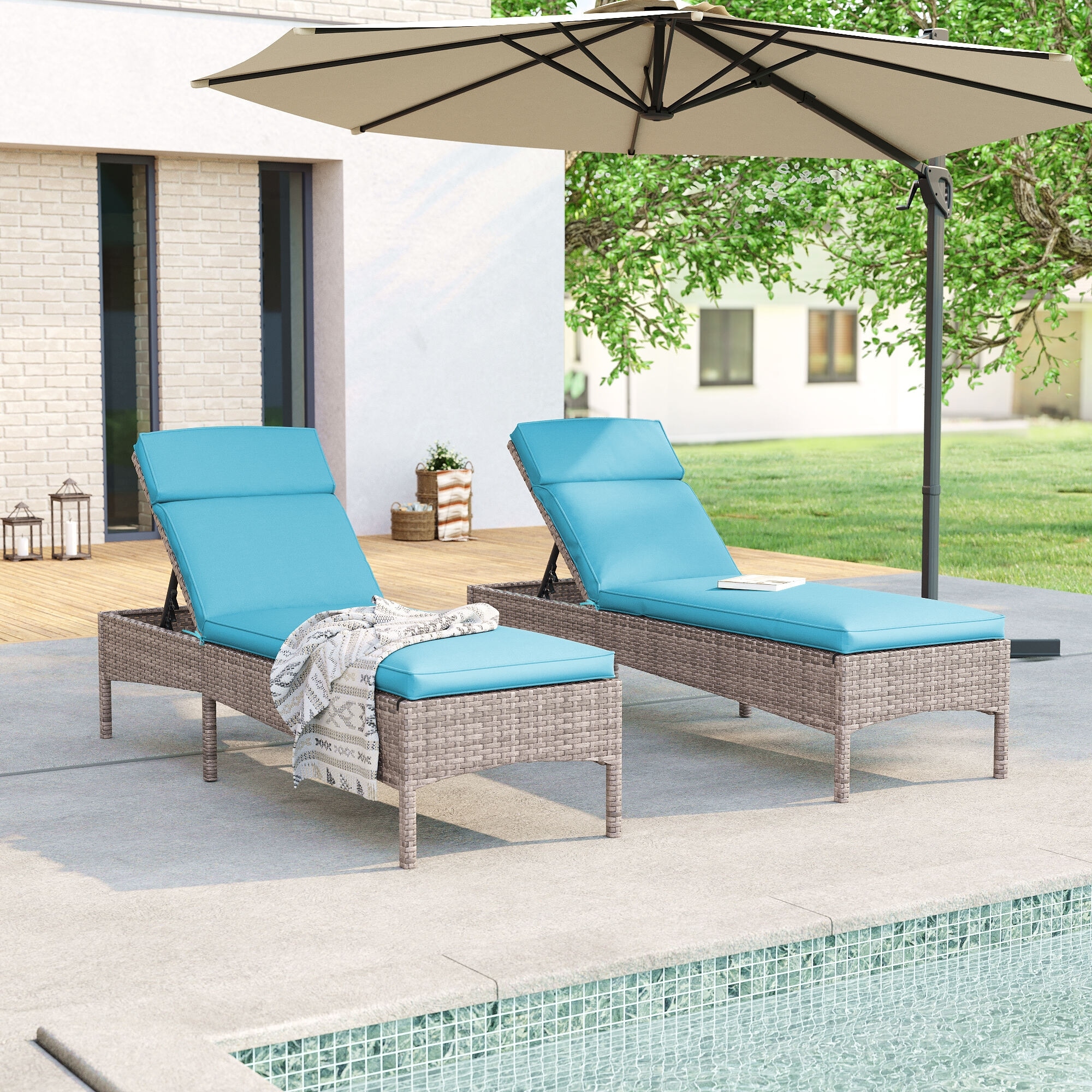 BONOSUKI 2Pcs Outdoor Lounge Chaise Rattan Chair Weather-Resistant