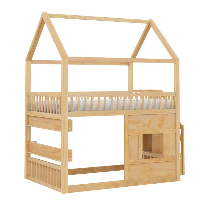 Full Size Wooden House Bed with Built-in LED Shelf Light, Fairytale Loft House-shaped Bed Frame for Children Kids Boys Girls