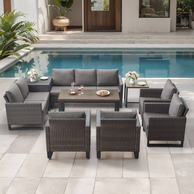 Gymojoy All-Weather Wicker Outdoor Patio Conversation Set Seating Group With Lounge Chairs - Brown Wicker / Gray Cusion - 9-Piece