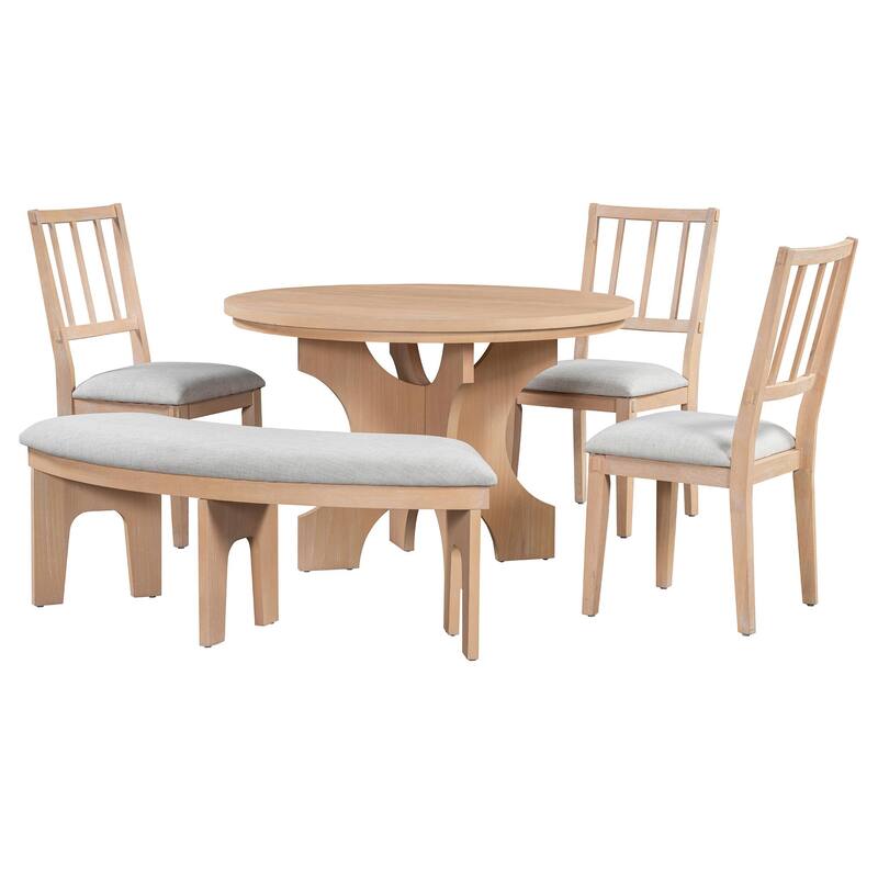 5-Piece Rustic Charm Round Dining Set - 3 Upholstered Chairs with Curved Bench