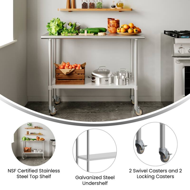 Commercial Stainless Steel 18 Gauge Worktable with Undershelf and Casters